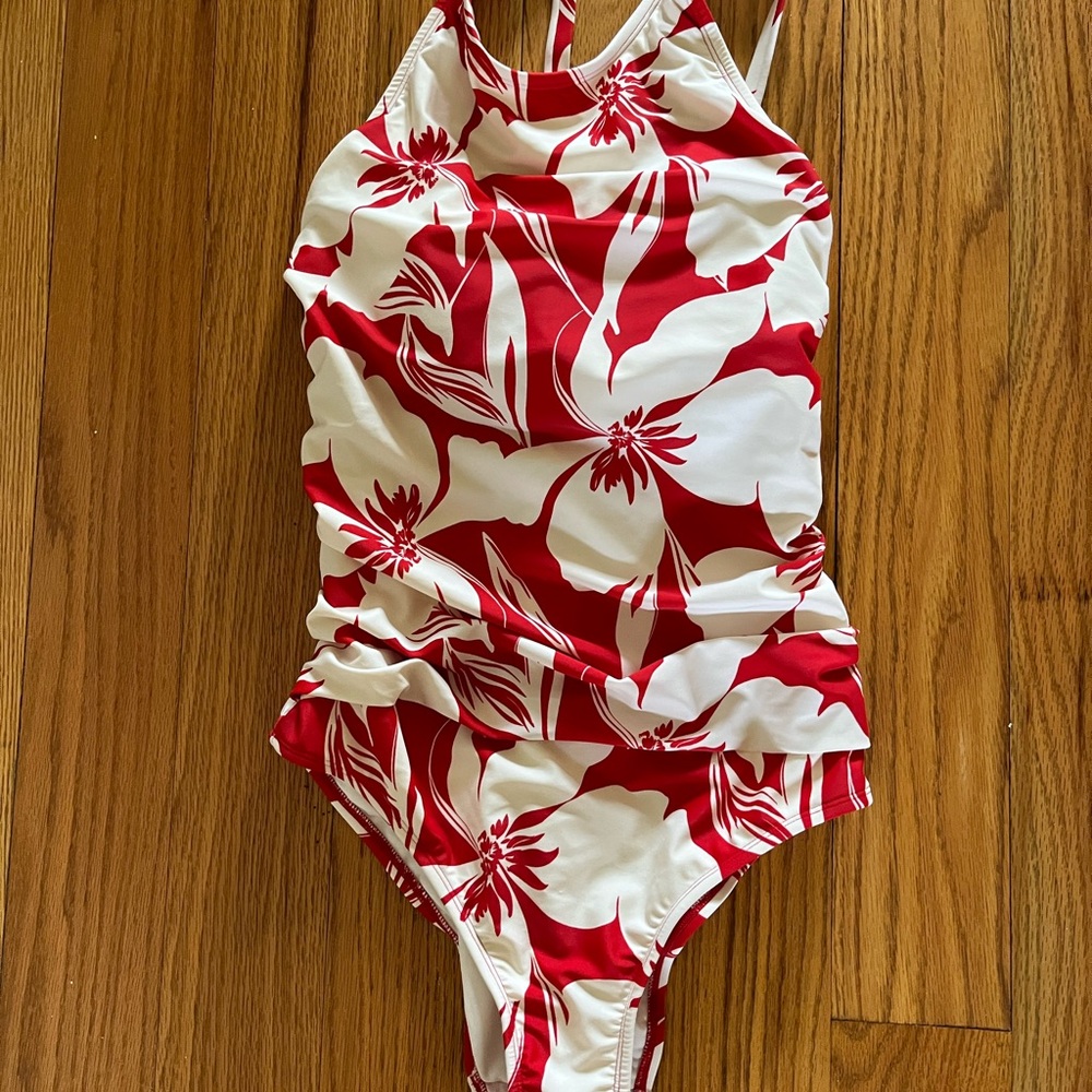 Womens Red & White Floral One-Piece Swimsuit